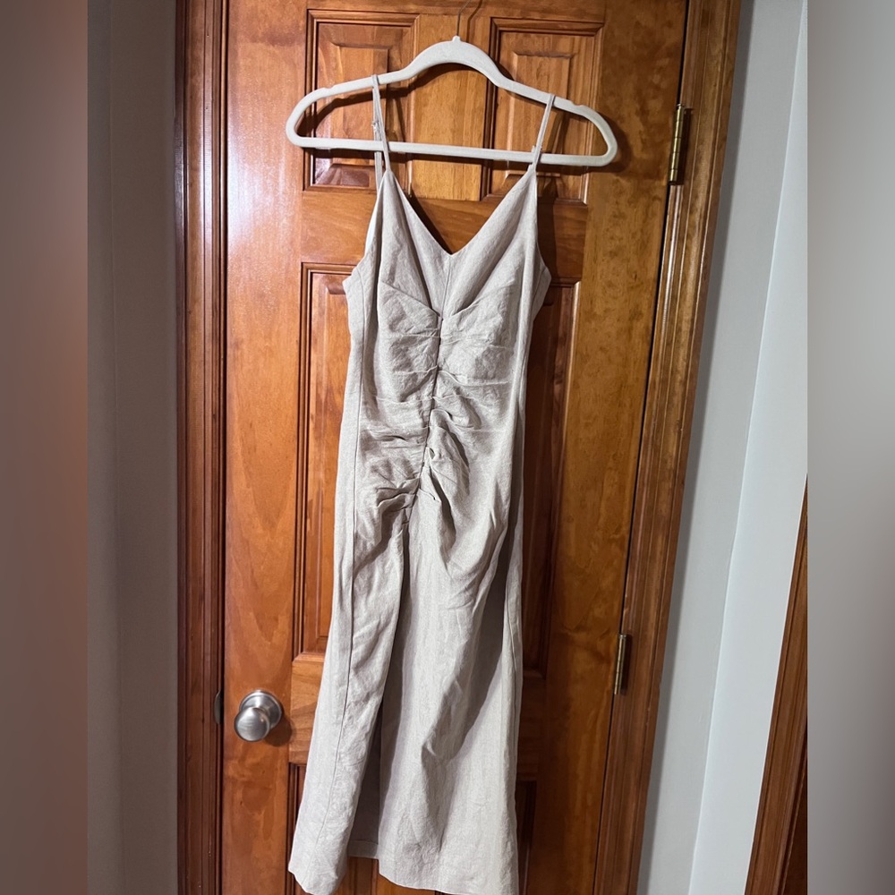 Zara Nude Linen Ruched Midi Dress